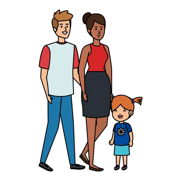 Interracial padres pareja con hija caracteres — Vector de stock