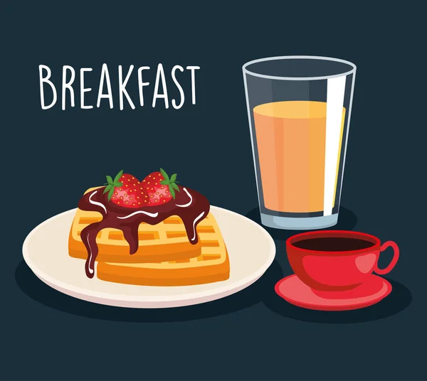 Waffeln mit Schokoladensoße und Orangensaft mit Kaffee — Stockvektor