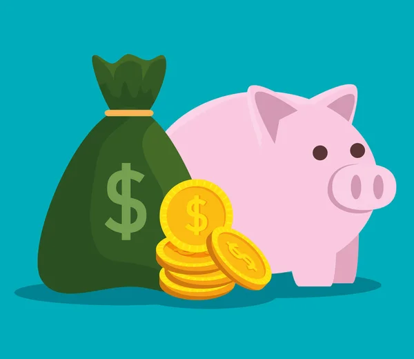 Piggy med mynt valuta och Business Bag pengar — Stock vektor