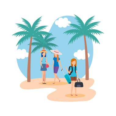 plajda bavul ile turistler kızlar