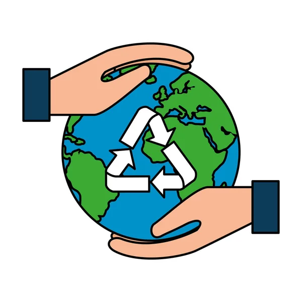 Handen beschermen Aarde planeet met recycle pijlen — Stockvector