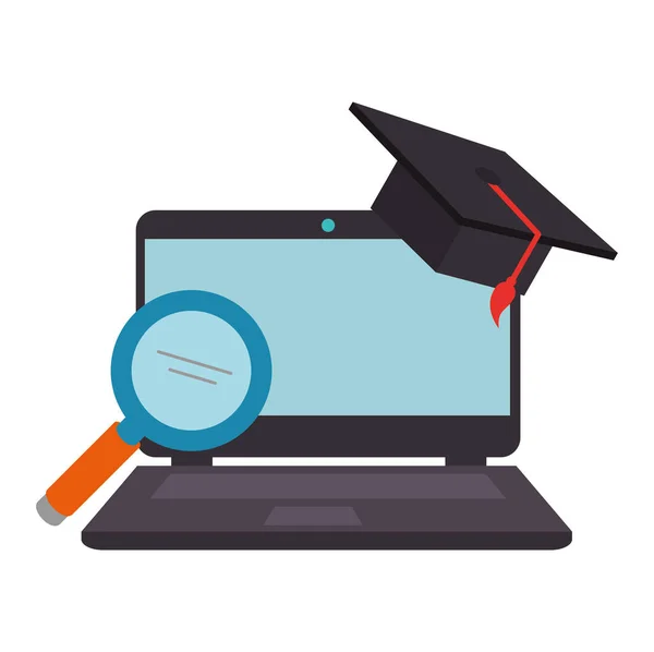 Laptop met Vergrootglas en hoed afstuderen — Stockvector