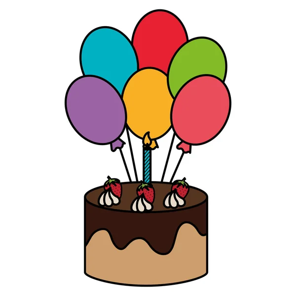 풍선 헬륨 축하와 맛있는 케이크 — 스톡 벡터