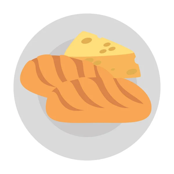 Prato com pedaço de queijo e pão — Vetor de Stock