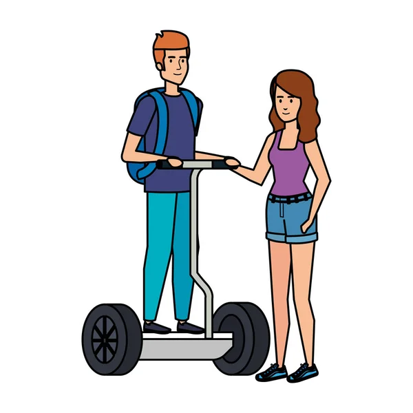 Молодая пара в складном электронном скутере — стоковый вектор