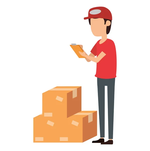 Trabalhador de entrega com caixas e checklist — Vetor de Stock