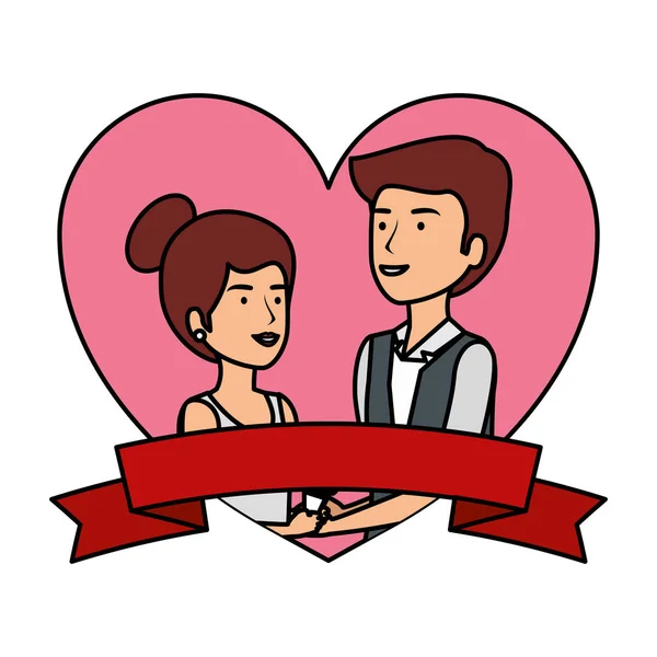 Recently married couple in heart frame — Stock Vector