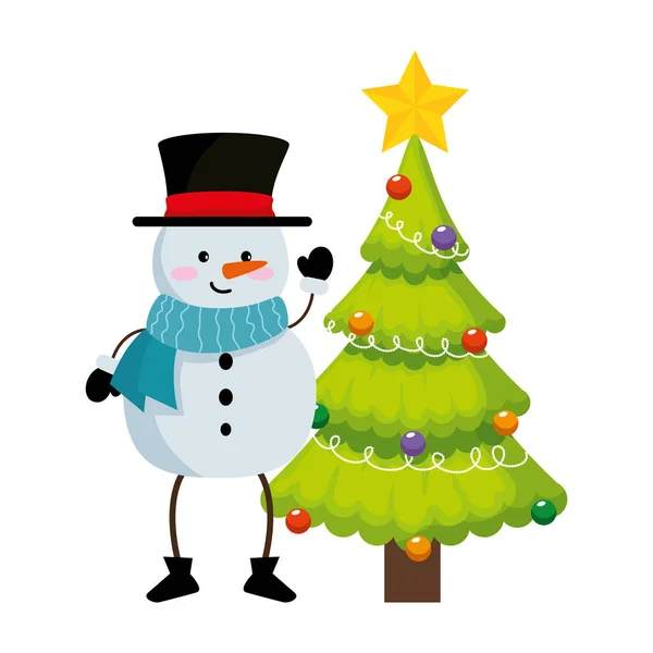 Cute snowman with pine tree christmas — Stock Vector