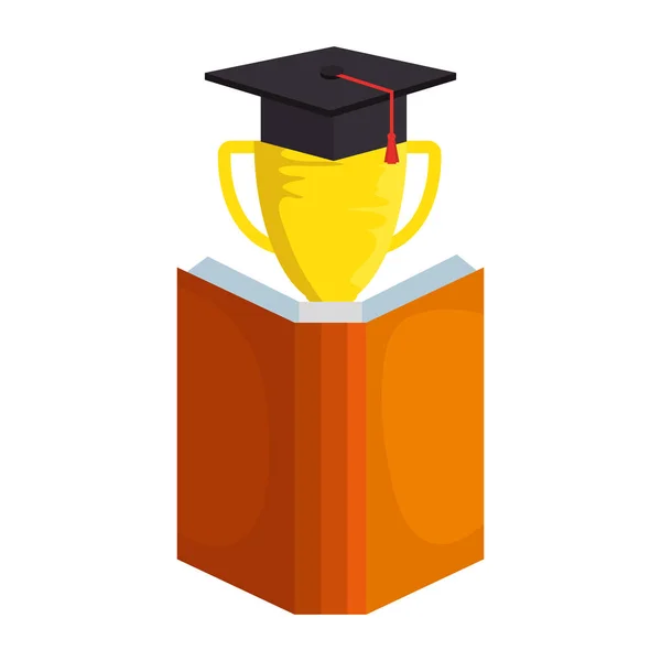 Text book with trophy and hat graduation — Stock Vector