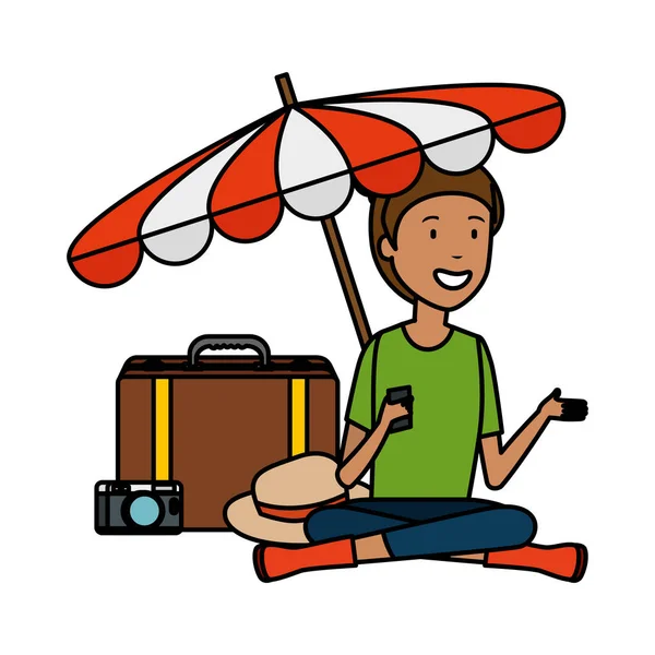 Turista con maleta y paraguas — Vector de stock