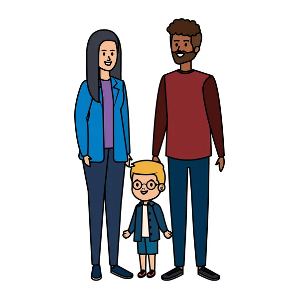 Interracial ouders paar met zoon karakters — Stockvector