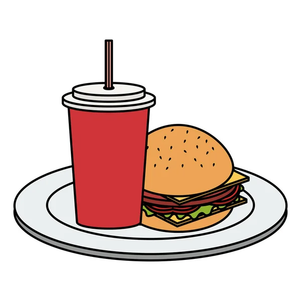 Plat avec délicieux hamburger et soda — Image vectorielle