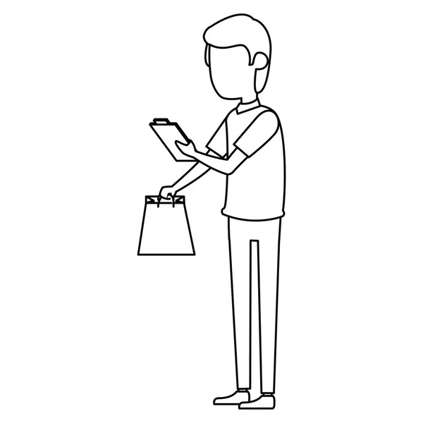 Trabalhador de entrega com saco de compras e checklist —  Vetores de Stock