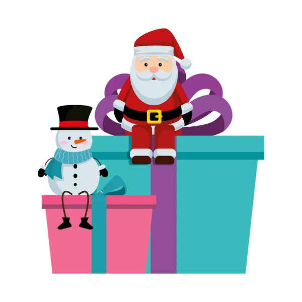 Weihnachtsmann und Schneemann in Geschenken — Stockvektor