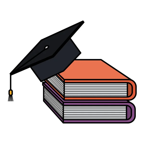Livros pilha escolar com chapéu de graduação — Vetor de Stock