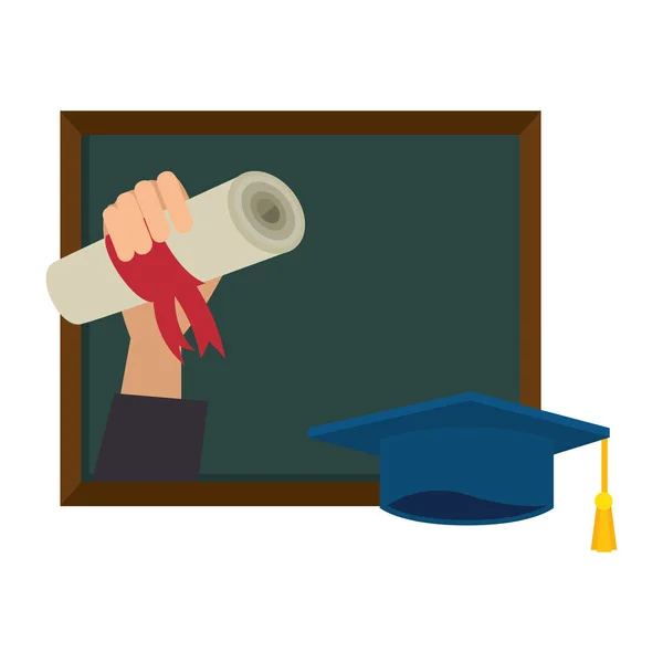 Hand with graduation diploma and chalkboard — Stock Vector