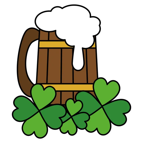 Jarra de cerveja de madeira com folhas de trevos — Vetor de Stock