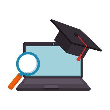 büyüteç ve şapka mezuniyet ile dizüstü bilgisayar