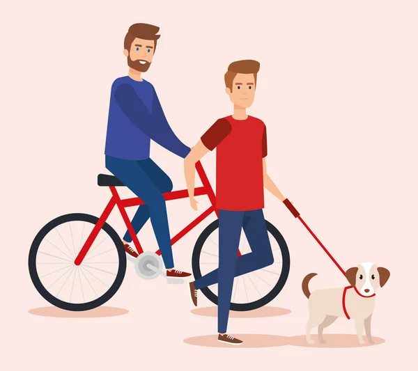 Homens jovens caminhando com cão e bicicleta —  Vetores de Stock