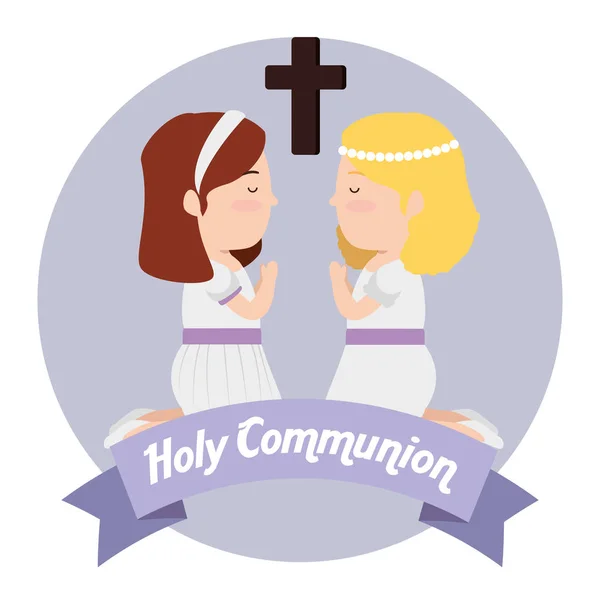 Girls with dress and cross to first communion — Stock Vector