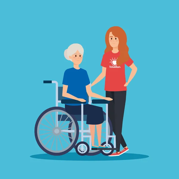 Flicka volontär med gammal kvinna i rullstolen — Stock vektor
