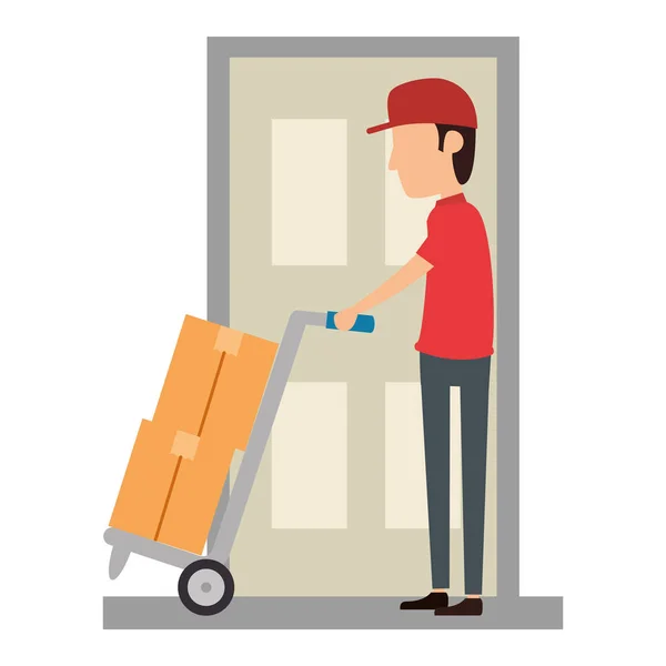 Delivery worker with cart and door — Stock Vector