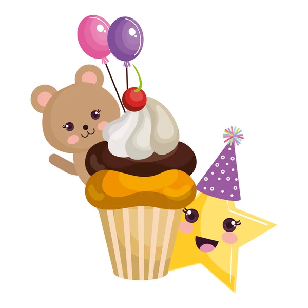 Carino orsacchiotto con cupcake e star kawaii personaggi — Vettoriale Stock