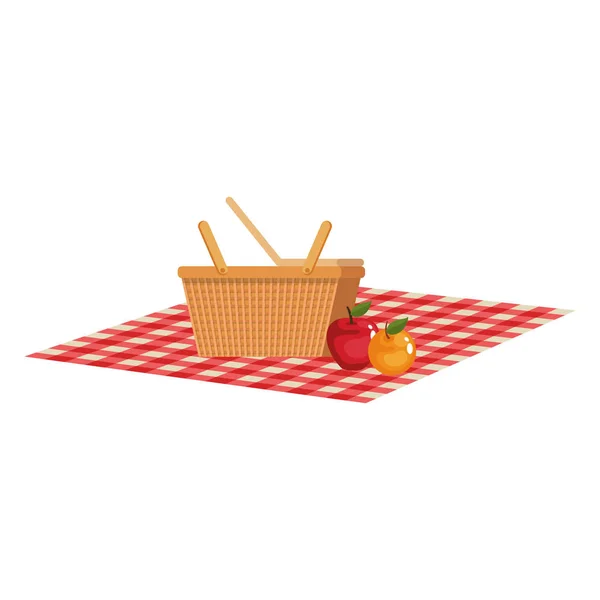 Cesta de picnic con frutas en manteles — Vector de stock