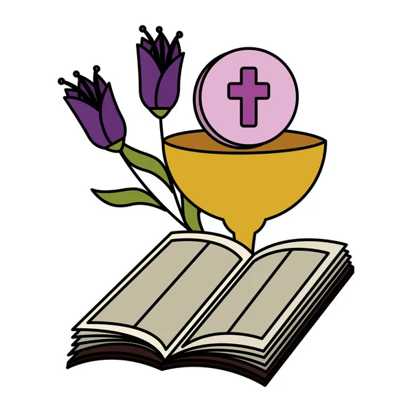 Bíblia sagrada com cálice e flores — Vetor de Stock