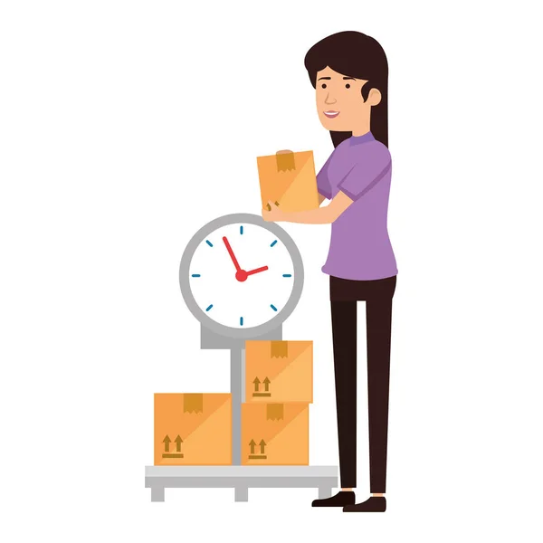 Woman receiving merchandise with boxes and balance — Stock Vector
