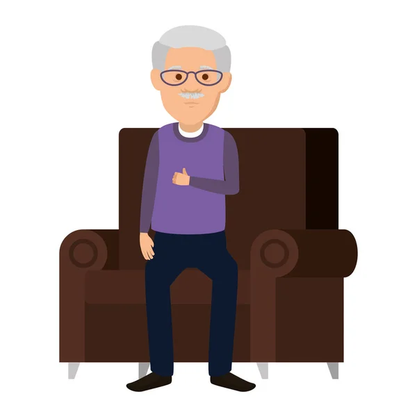 Schattig grootvader in de sofa avatar karakter — Stockvector