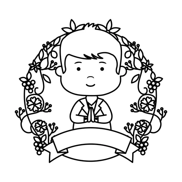 Niño pequeño con flores de guirnalda primera comunión — Vector de stock