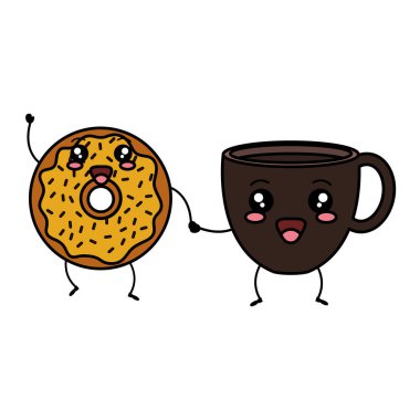 tatlı çörekler kawaii karakterleri ile kahve fincanı