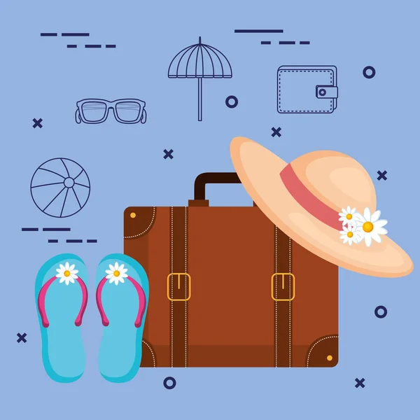 Maleta y accesorios viaje vacaciones concepto — Vector de stock