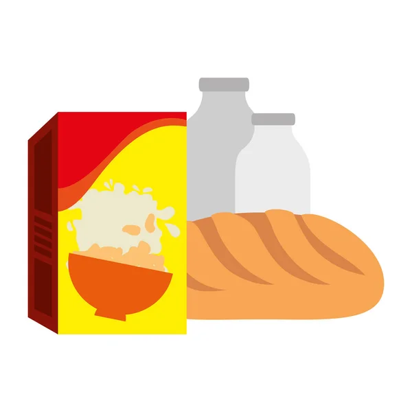Κουτί δημητριακών με ψωμί και φιάλη γάλακτος — Διανυσματικό Αρχείο