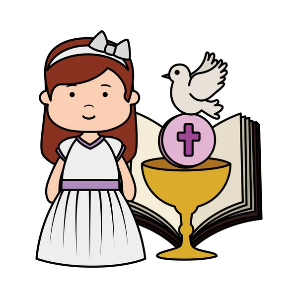 Kleines Mädchen mit Bibel und Kelch Erstkommunion — Stockvektor