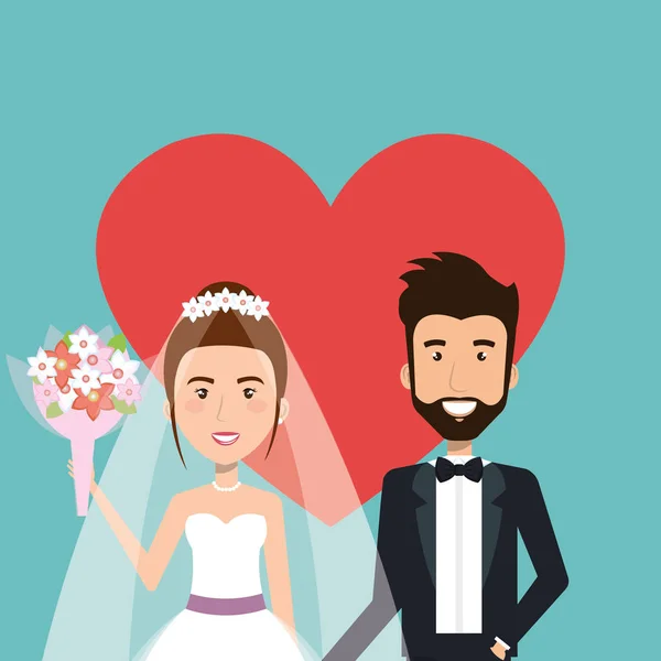 Huwelijksceremonie bruid en bruidegom samen met hart achtergrond — Stockvector