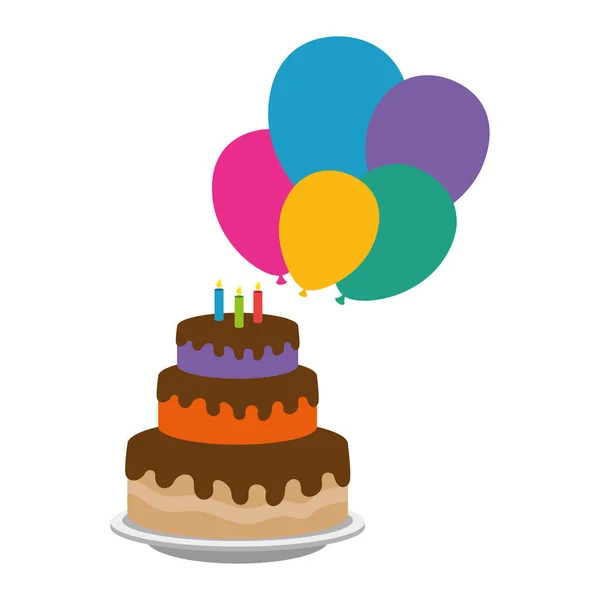 Delicioso bolo com velas e balões de hélio —  Vetores de Stock