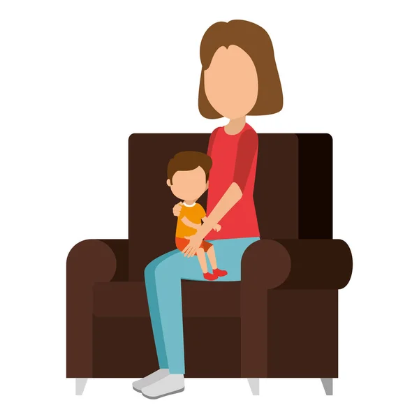 Mor med liten pojke i soffan tecken — Stock vektor