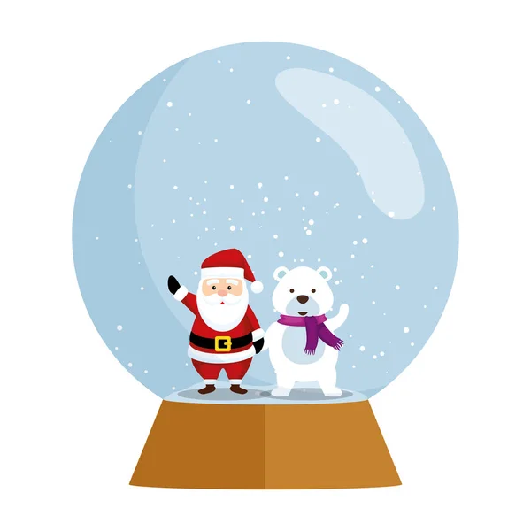 Lindo santa claus con polar oso en esfera nieve — Vector de stock
