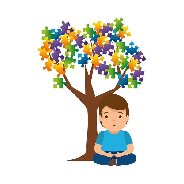 Niño con rompecabezas de árbol adjunto — Vector de stock