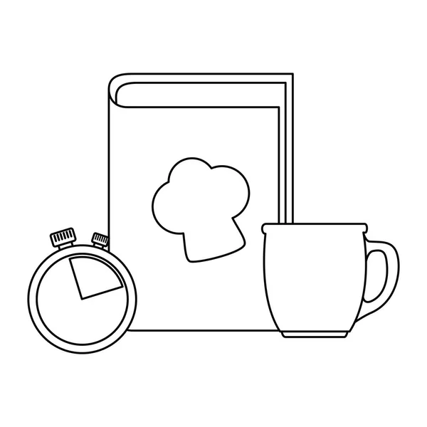 Livro receitas com xícara de café e cronômetro —  Vetores de Stock