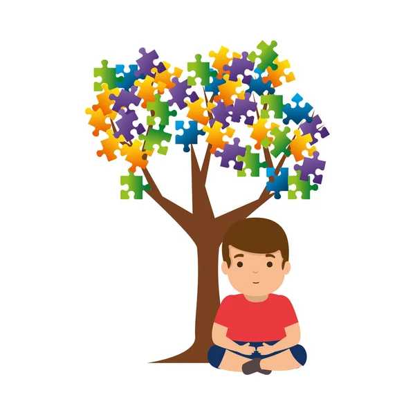 Niño con rompecabezas de árbol adjunto — Vector de stock