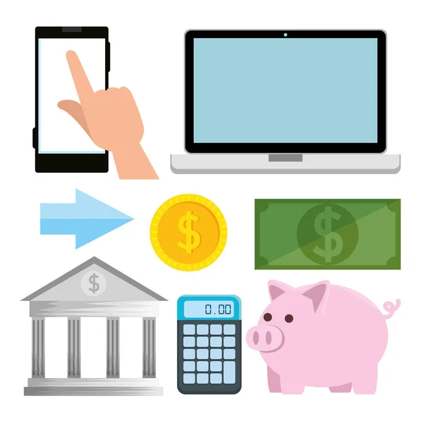 Ensemble d'ordinateur portable avec smartphone et calculatrice à la technologie bancaire — Image vectorielle