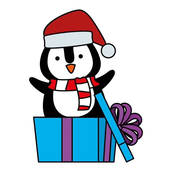 Mignon pingouin avec santa claus chapeau en cadeau — Image vectorielle