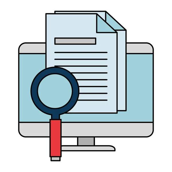 Escritorio del ordenador con lupa y documento — Vector de stock