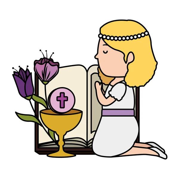 Petite fille agenouillée avec bible et fleurs première communion — Image vectorielle