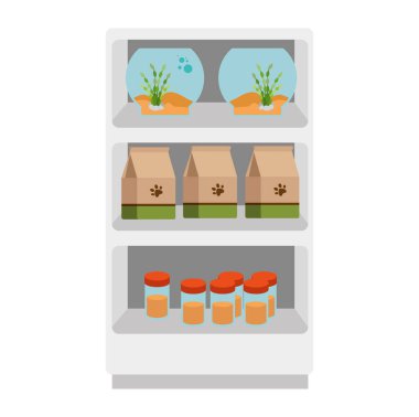 akvaryumlar ve ürünler ile veteriner mağaza rafları