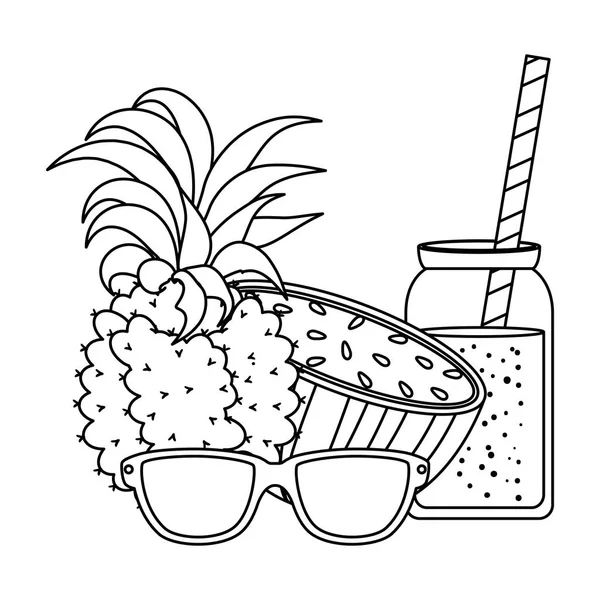 Jus de pastèque et d'ananas avec pot et lunettes de soleil — Image vectorielle