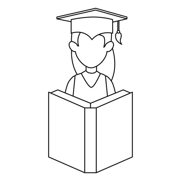 Femme étudiante diplômée avec livre — Image vectorielle